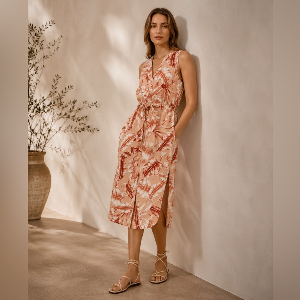 WITCHERY Peach/Terracotta Tropical Print Linen-Blend Midi Shirt Dress Sz 14/L